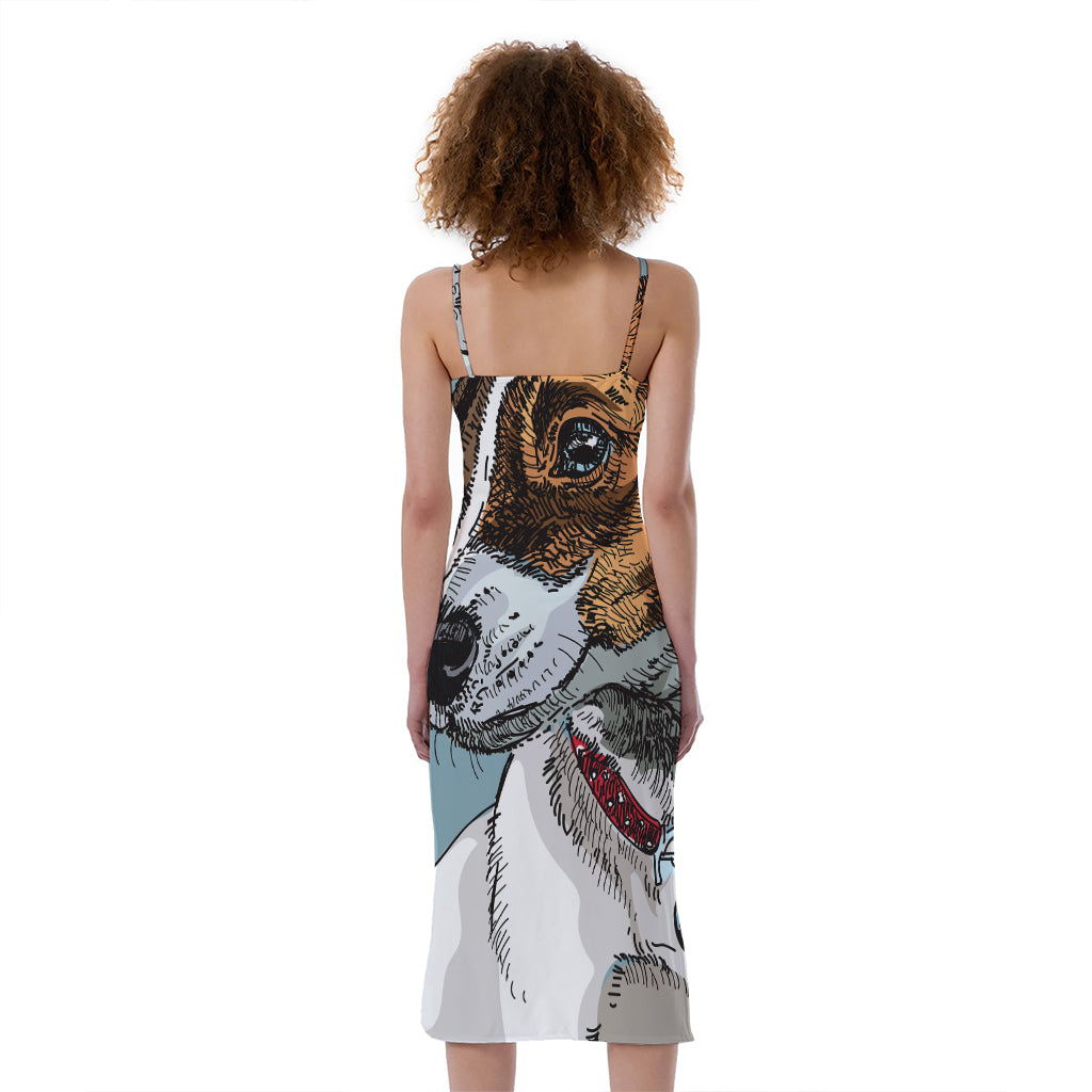 Drawing Jack Russell Terrier Print Slim Fit Midi Cami Dress