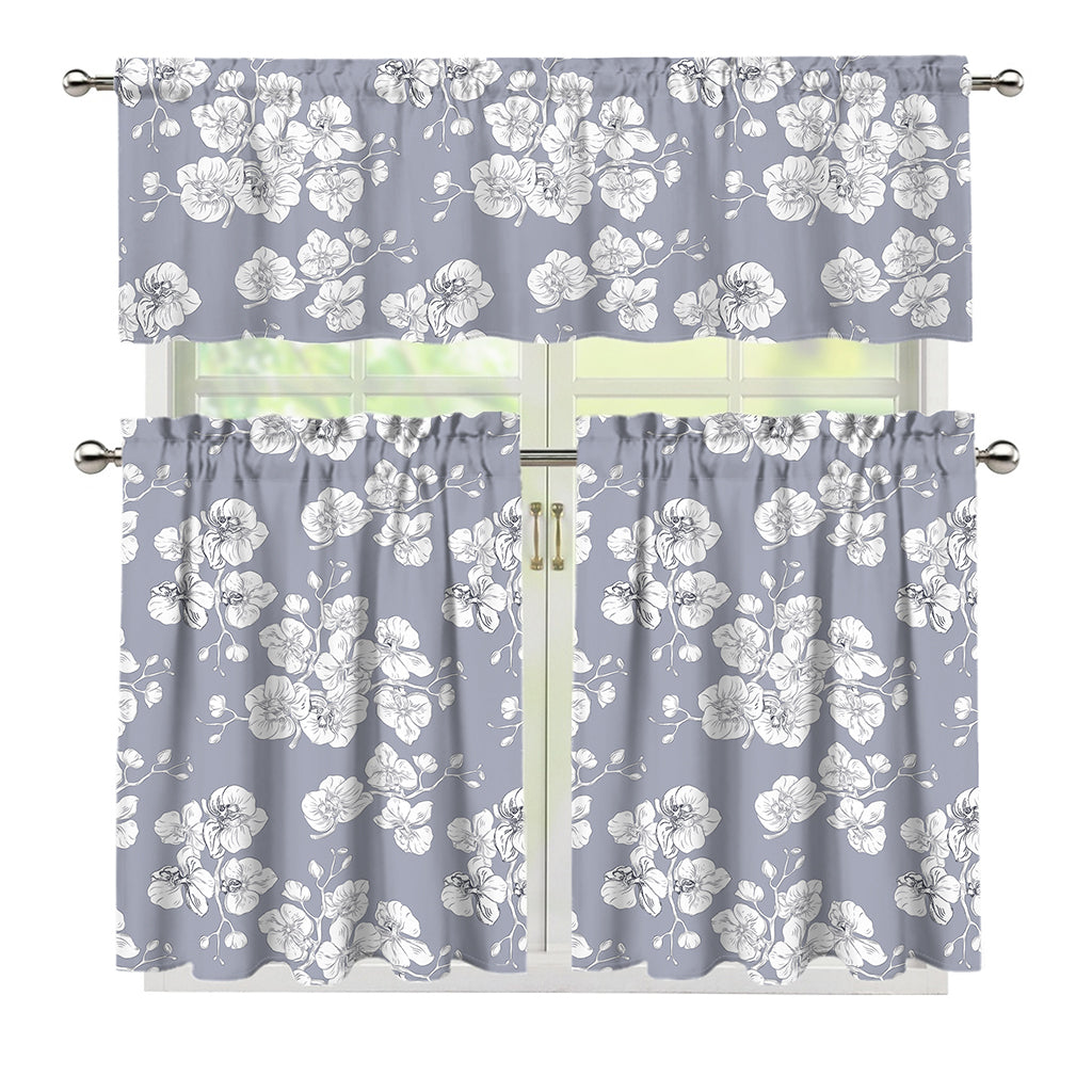 Drawing Orchid Pattern Print 3 Piece Kitchen Curtains