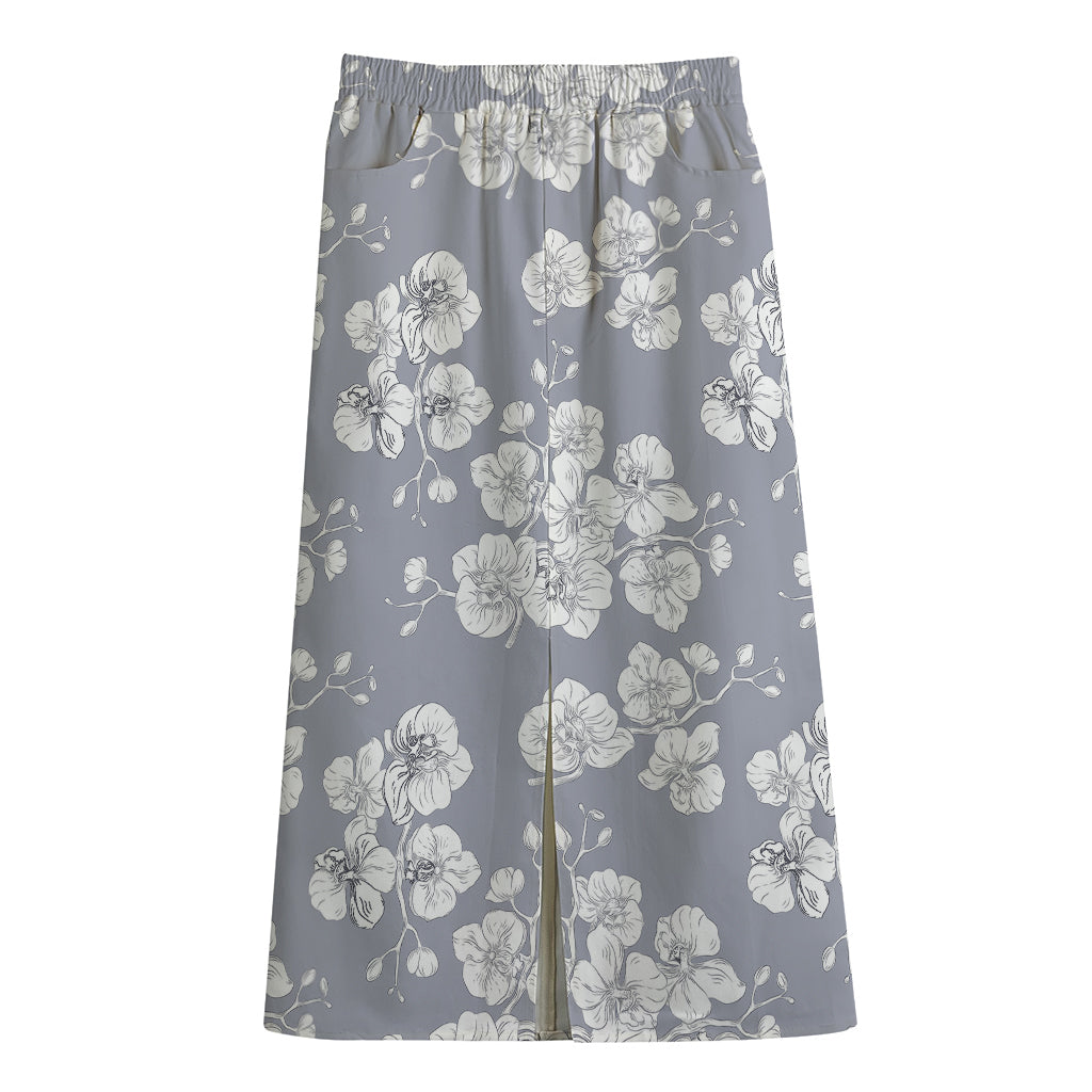 Drawing Orchid Pattern Print Cotton Front Slit Maxi Skirt