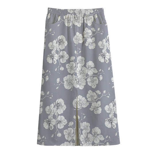Drawing Orchid Pattern Print Cotton Front Slit Maxi Skirt