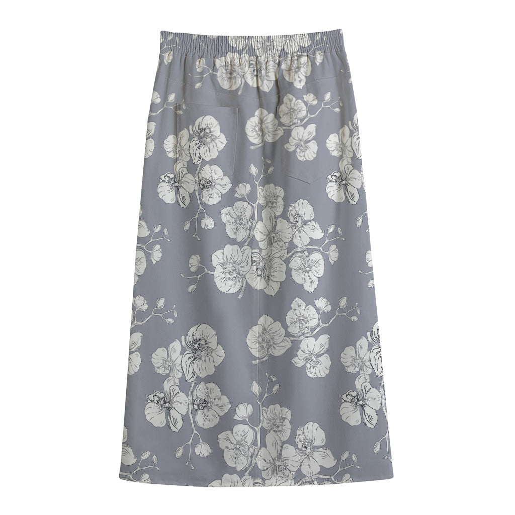 Drawing Orchid Pattern Print Cotton Front Slit Maxi Skirt