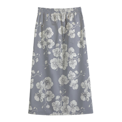 Drawing Orchid Pattern Print Cotton Front Slit Maxi Skirt