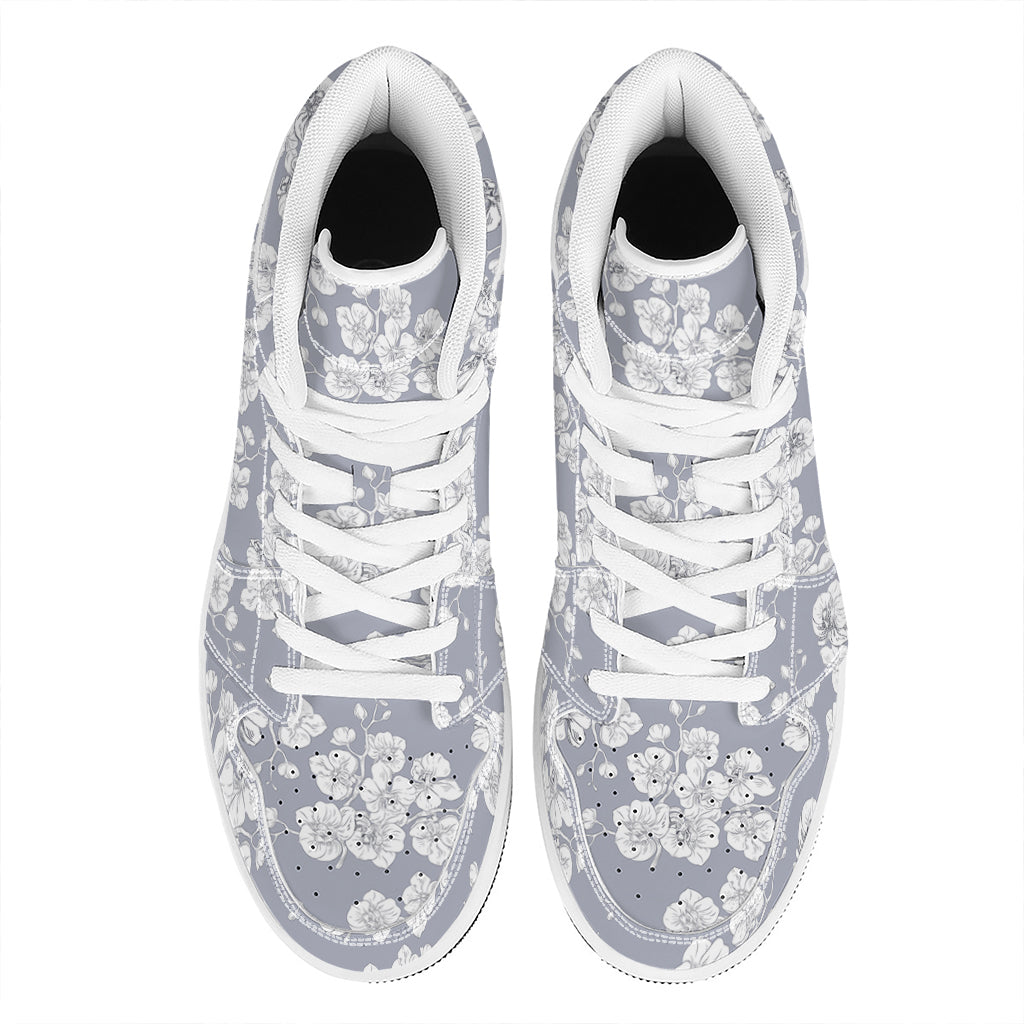 Drawing Orchid Pattern Print High Top Leather Sneakers