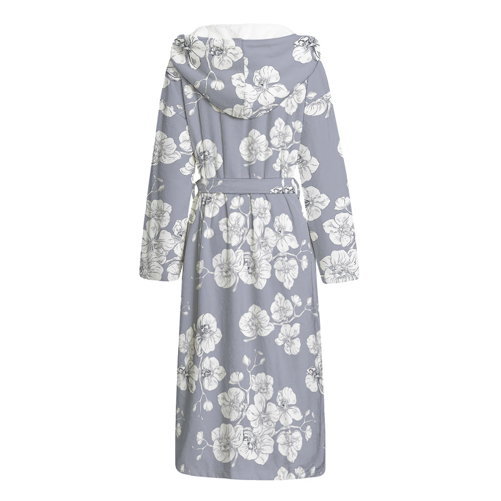 Drawing Orchid Pattern Print Hooded Bathrobe
