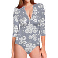 Drawing Orchid Pattern Print Long Sleeve Swimsuit