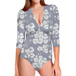 Drawing Orchid Pattern Print Long Sleeve Swimsuit