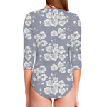 Drawing Orchid Pattern Print Long Sleeve Swimsuit
