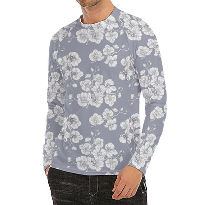 Drawing Orchid Pattern Print Men's Long Sleeve Rash Guard