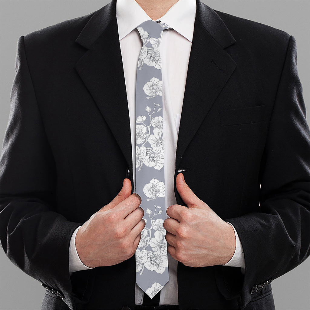 Drawing Orchid Pattern Print Necktie