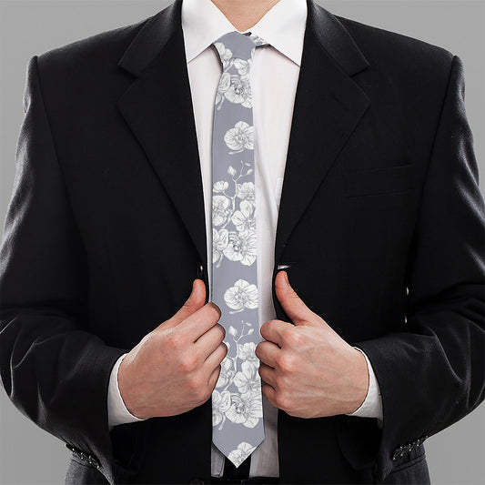 Drawing Orchid Pattern Print Necktie