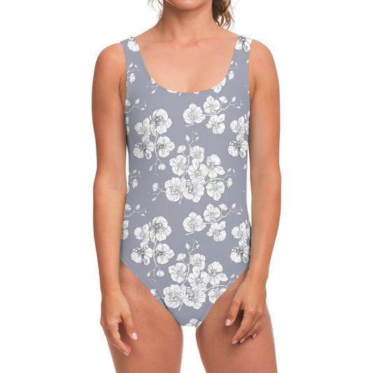 Drawing Orchid Pattern Print One Piece Swimsuit