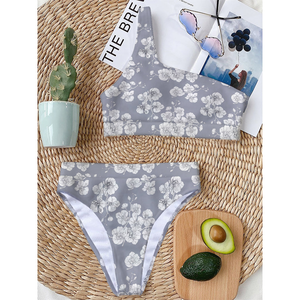 Drawing Orchid Pattern Print One Shoulder Bikini Top