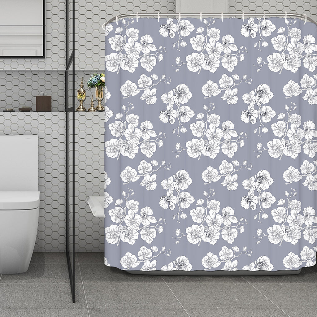 Drawing Orchid Pattern Print Polyester Shower Curtain