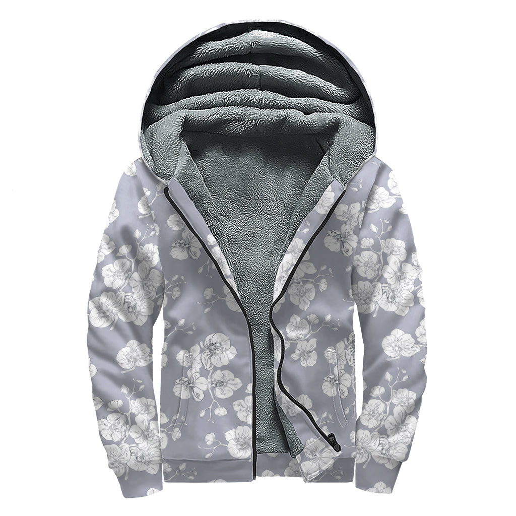 Drawing Orchid Pattern Print Sherpa Lined Zip Up Hoodie