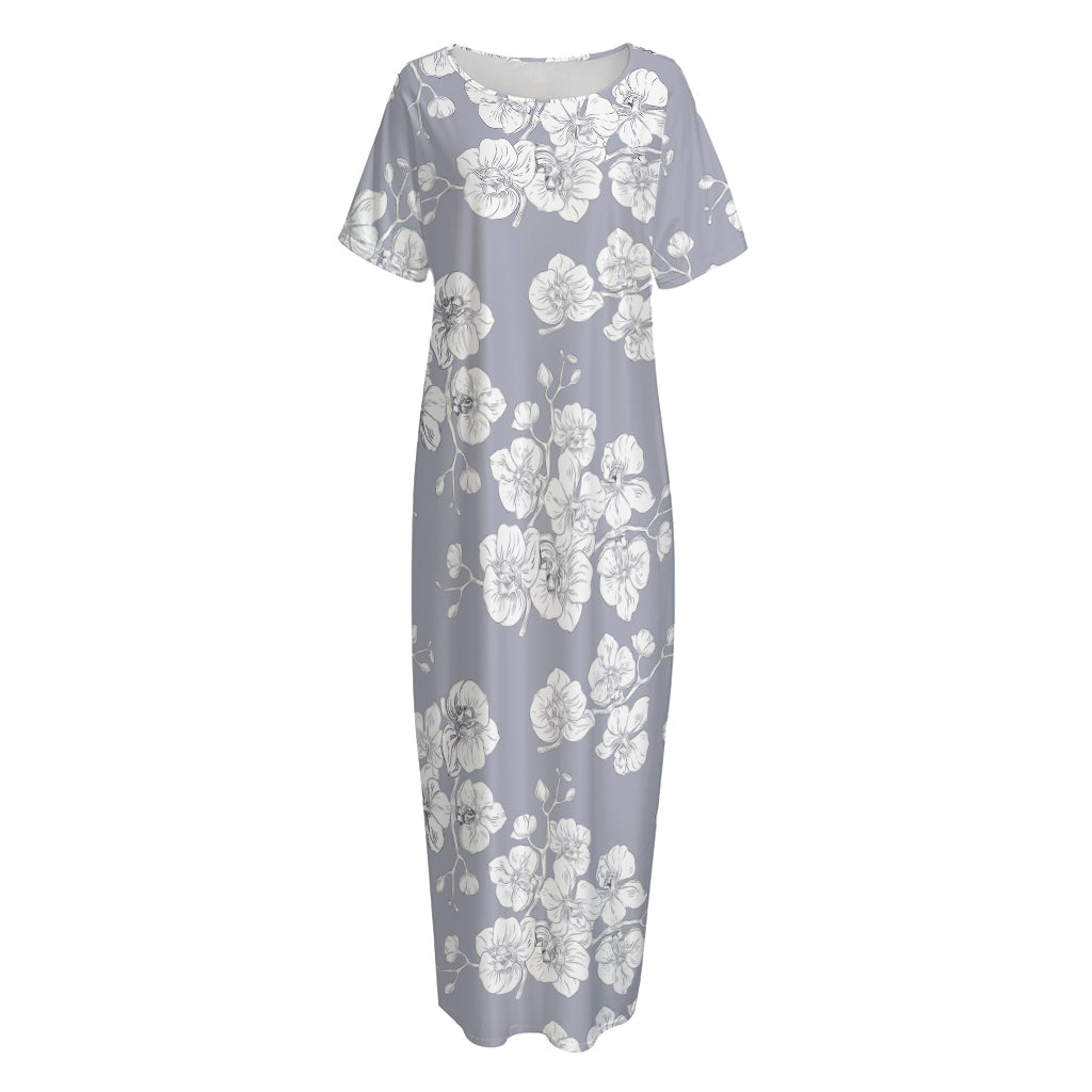 Drawing Orchid Pattern Print Short Sleeve Long Nightdress