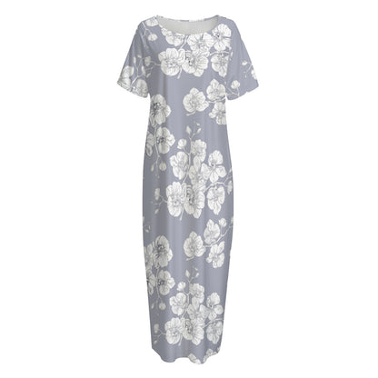 Drawing Orchid Pattern Print Short Sleeve Long Nightdress