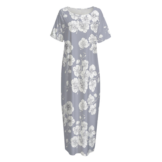 Drawing Orchid Pattern Print Short Sleeve Long Nightdress