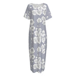 Drawing Orchid Pattern Print Short Sleeve Long Nightdress