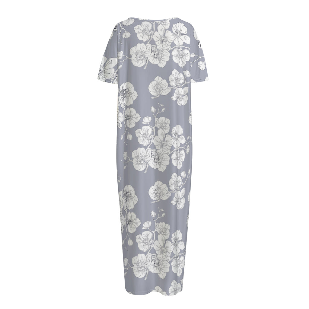 Drawing Orchid Pattern Print Short Sleeve Long Nightdress