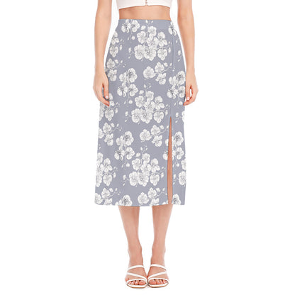 Drawing Orchid Pattern Print Side Slit Midi Skirt
