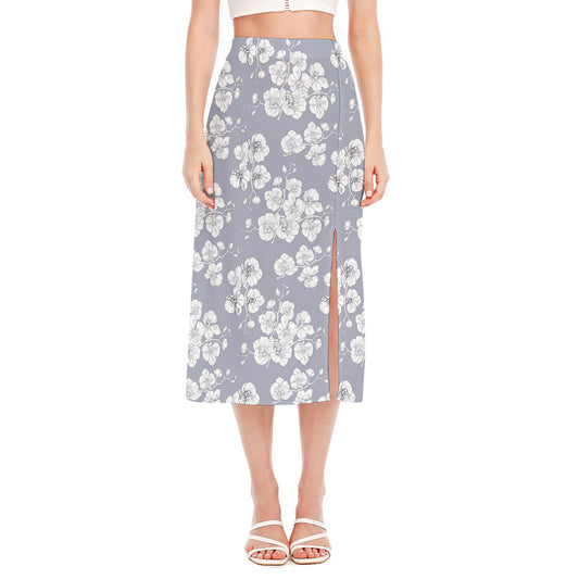 Drawing Orchid Pattern Print Side Slit Midi Skirt