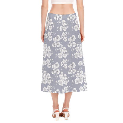 Drawing Orchid Pattern Print Side Slit Midi Skirt