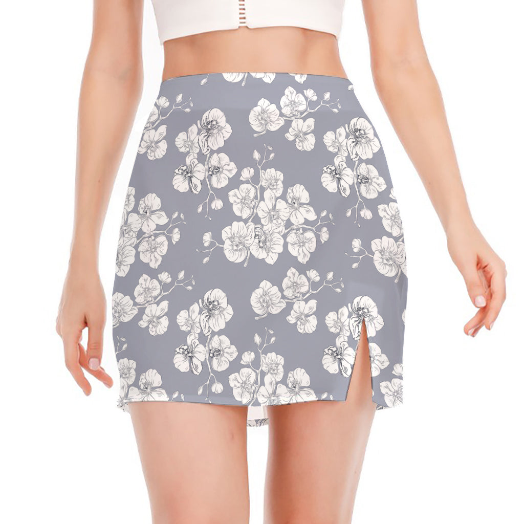 Drawing Orchid Pattern Print Side Slit Mini Skirt