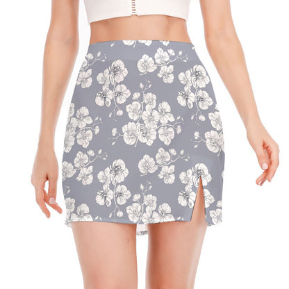Drawing Orchid Pattern Print Side Slit Mini Skirt
