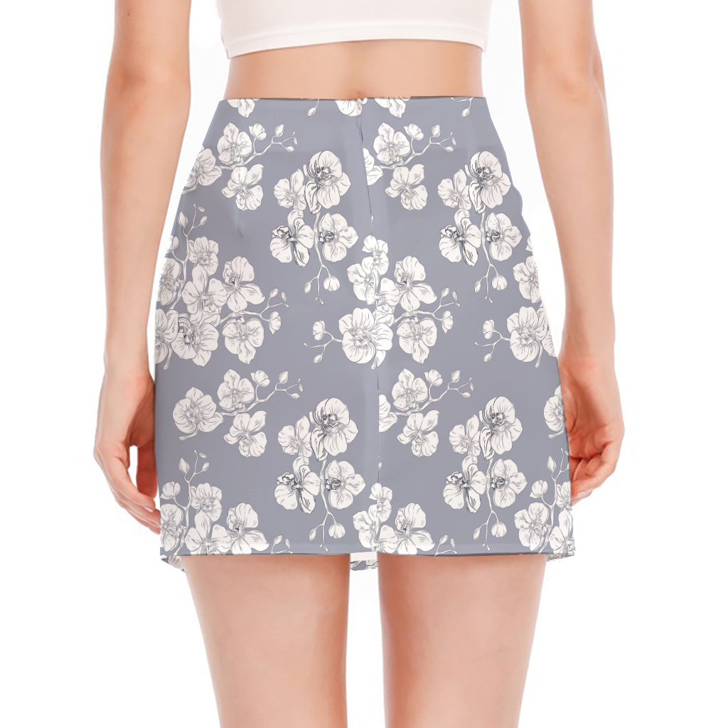 Drawing Orchid Pattern Print Side Slit Mini Skirt