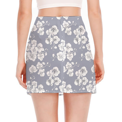 Drawing Orchid Pattern Print Side Slit Mini Skirt
