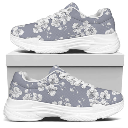 Drawing Orchid Pattern Print White Chunky Shoes