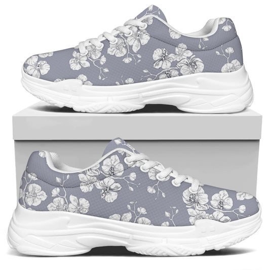 Drawing Orchid Pattern Print White Chunky Shoes