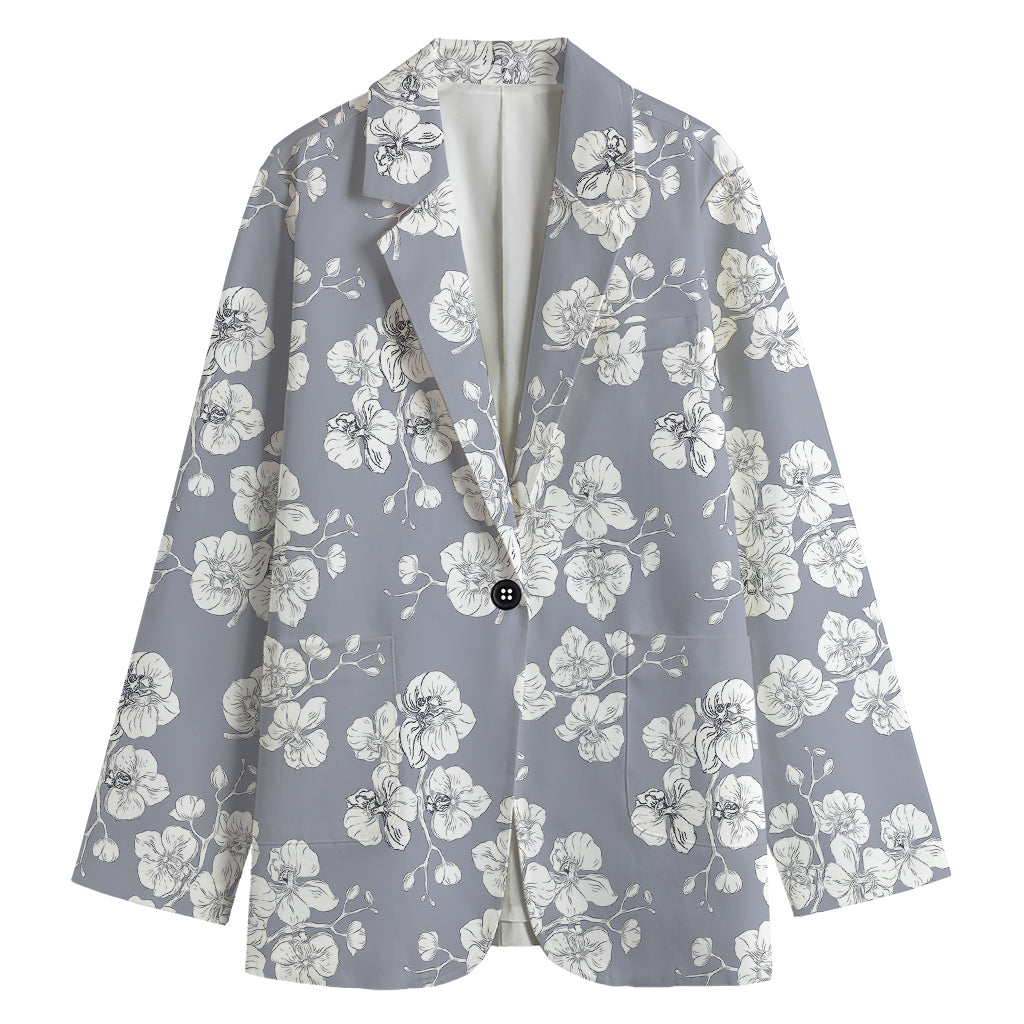 Drawing Orchid Pattern Print Women's Cotton Blazer