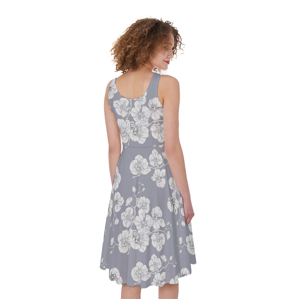 Drawing Orchid Pattern Print Women's Sleeveless Dress