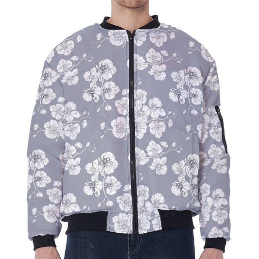 Drawing Orchid Pattern Print Zip Sleeve Bomber Jacket