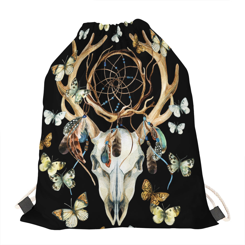 Dreamcatcher Deer Skull Print Drawstring Bag