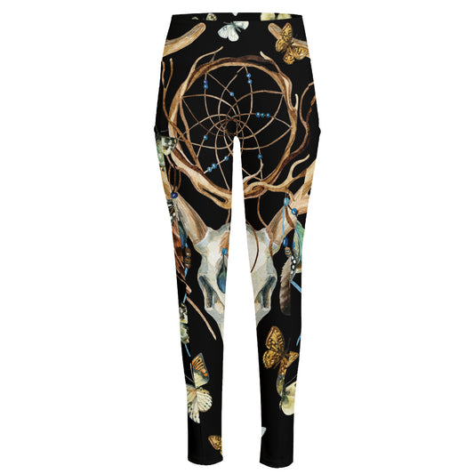 Dreamcatcher Deer Skull Print High-Waisted Pocket Leggings