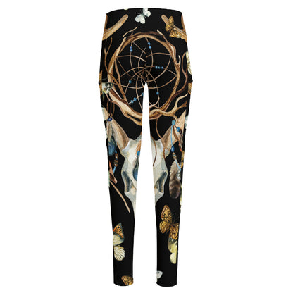 Dreamcatcher Deer Skull Print High-Waisted Pocket Leggings