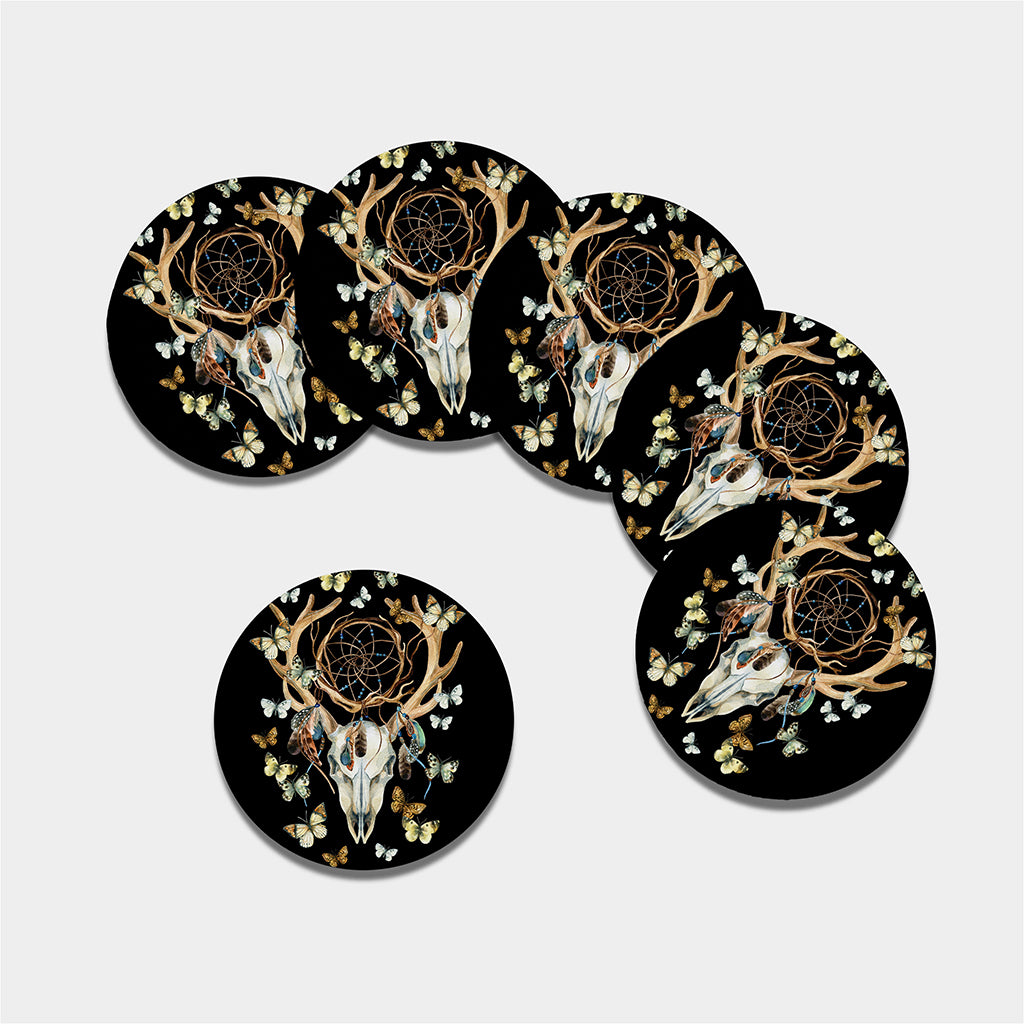 Dreamcatcher Deer Skull Print Leather Coaster Set