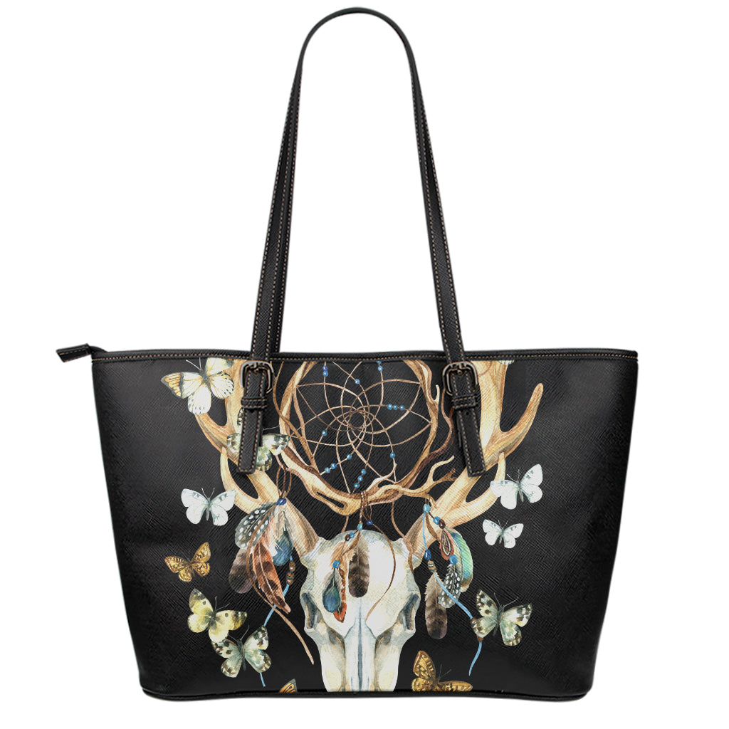 Dreamcatcher Deer Skull Print Leather Tote Bag