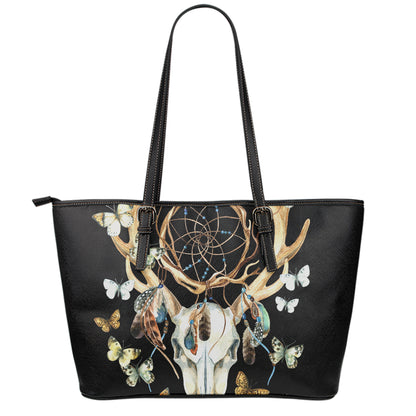 Dreamcatcher Deer Skull Print Leather Tote Bag