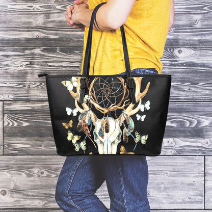 Dreamcatcher Deer Skull Print Leather Tote Bag