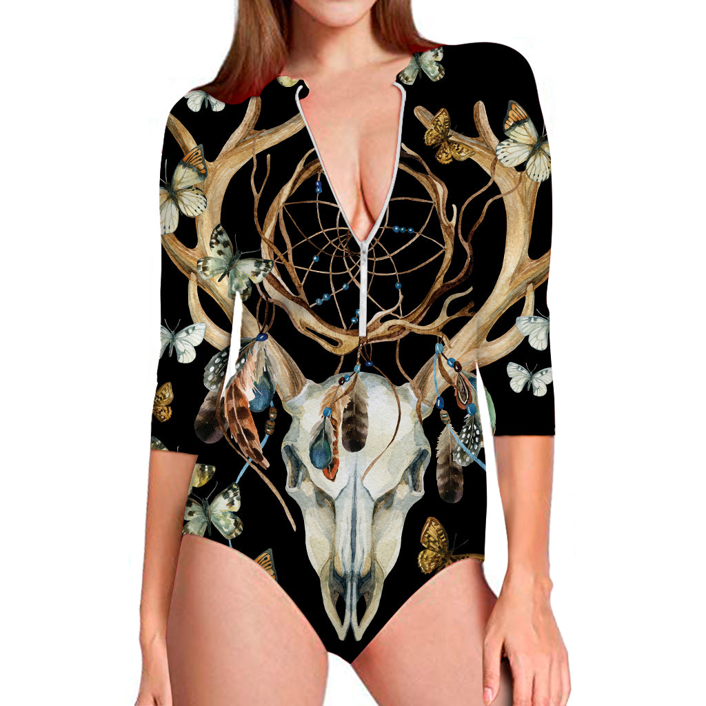 Dreamcatcher Deer Skull Print Long Sleeve Swimsuit