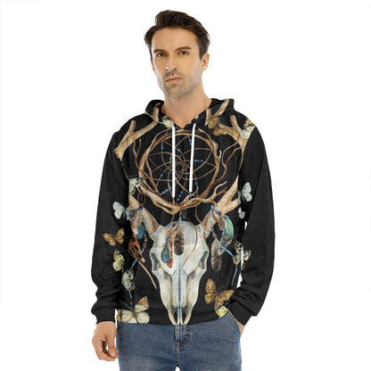 Dreamcatcher Deer Skull Print Men's Velvet Pullover Hoodie