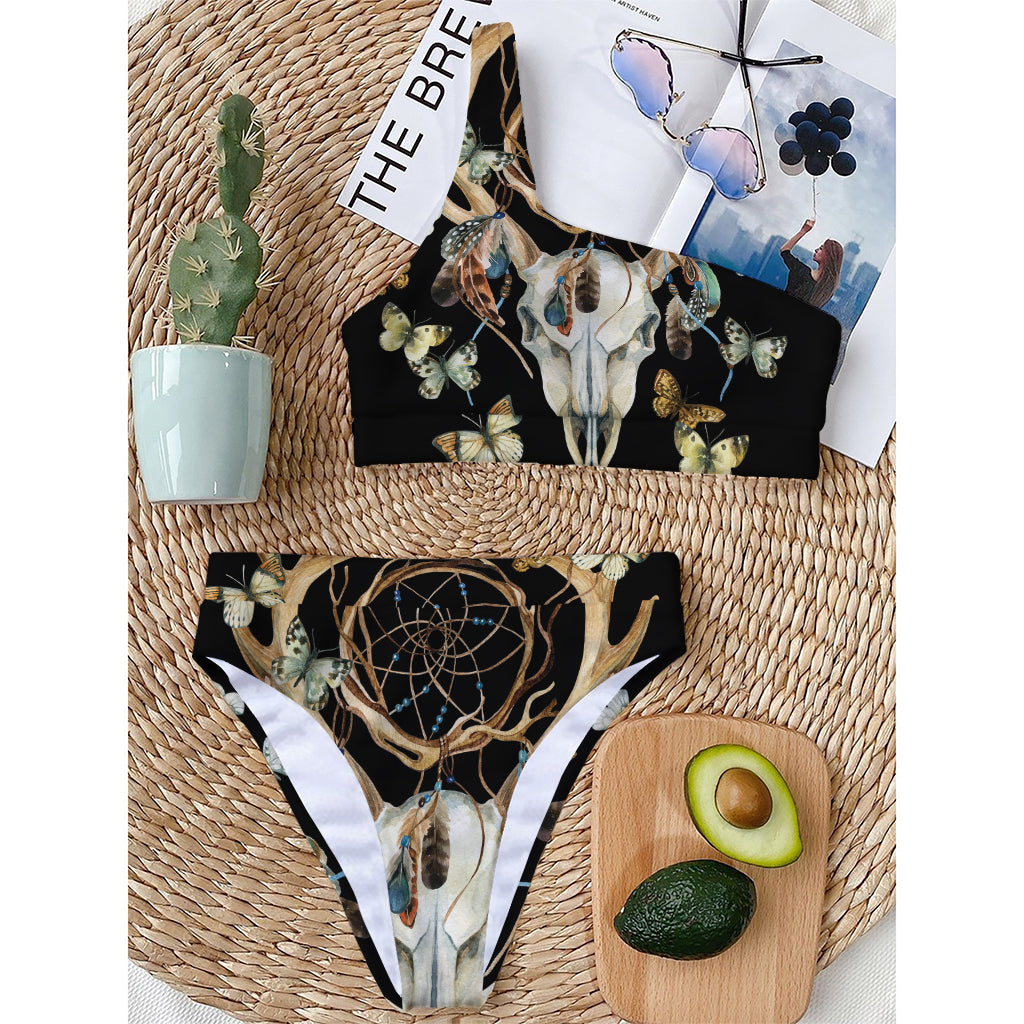 Dreamcatcher Deer Skull Print One Shoulder Bikini Top