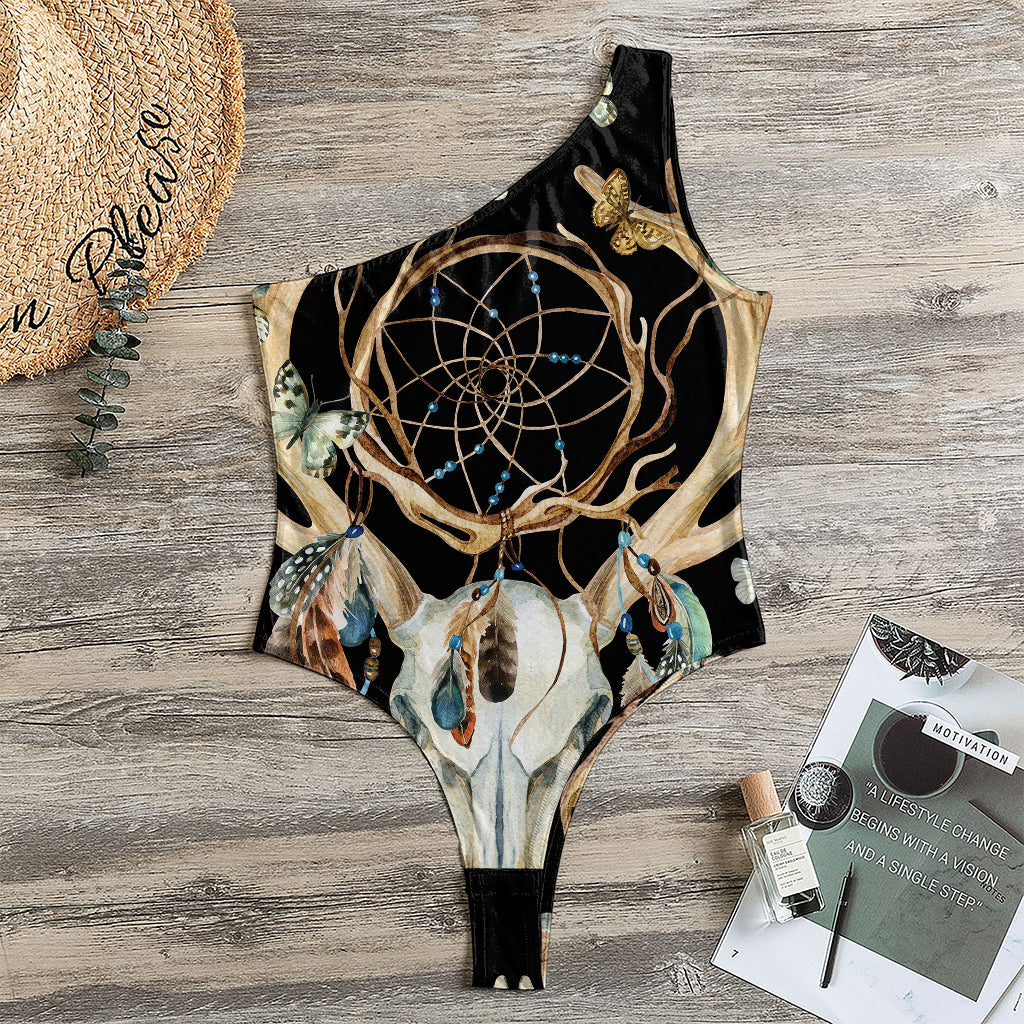Dreamcatcher Deer Skull Print One Shoulder Bodysuit