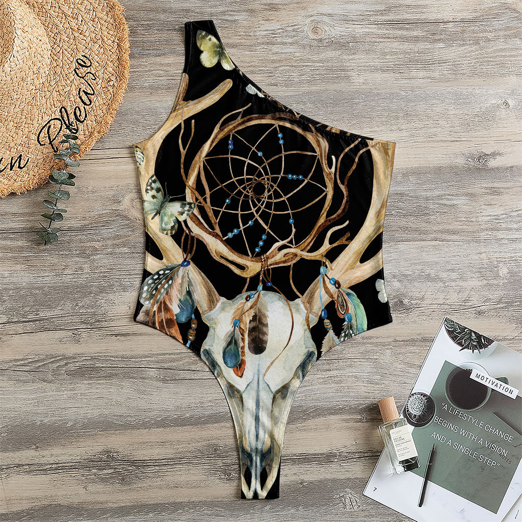 Dreamcatcher Deer Skull Print One Shoulder Bodysuit