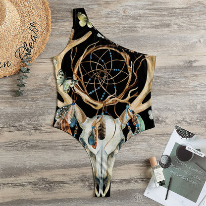 Dreamcatcher Deer Skull Print One Shoulder Bodysuit