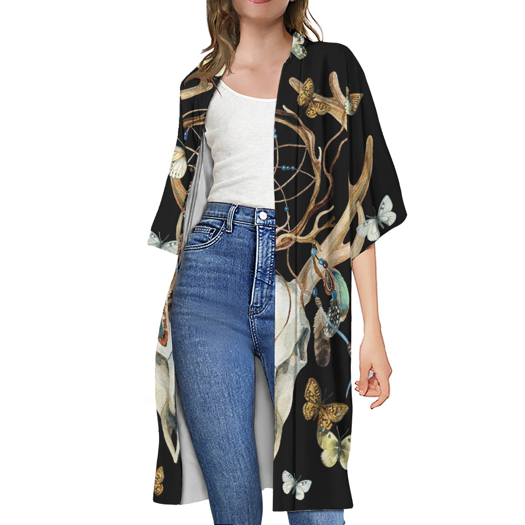 Dreamcatcher Deer Skull Print Open Front Beach Cover Up