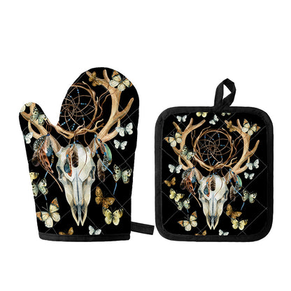 Dreamcatcher Deer Skull Print Oven Mitt And Pot Holder Set